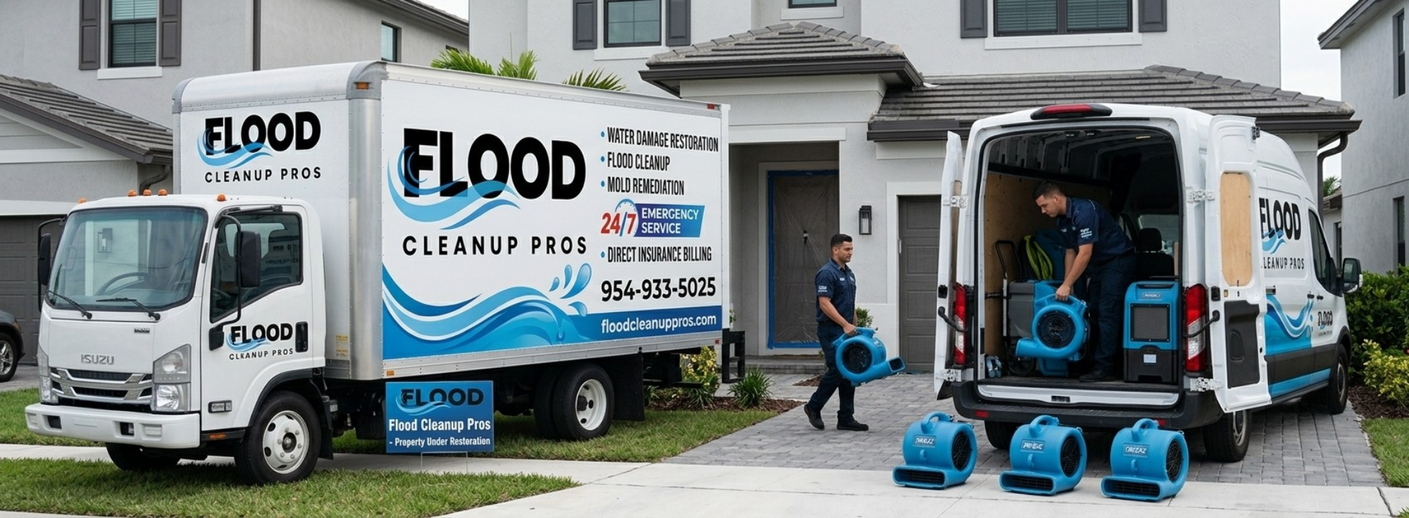 Flood Cleanup Pros trucks and technicians arriving on site in Pompano Beach, FL
